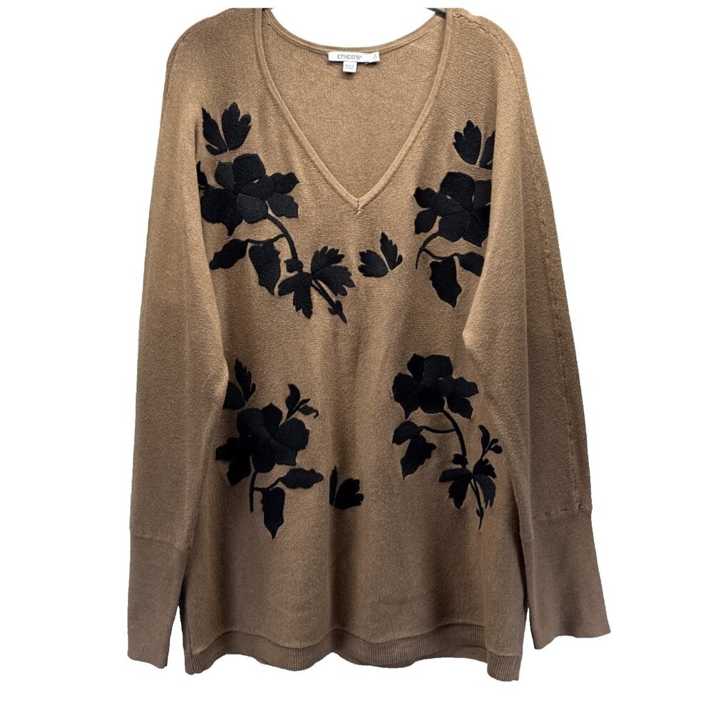 Chicos Women's Sweater‎ Sz L Black Brown Floral Embroidered Long Sleeve Pullover